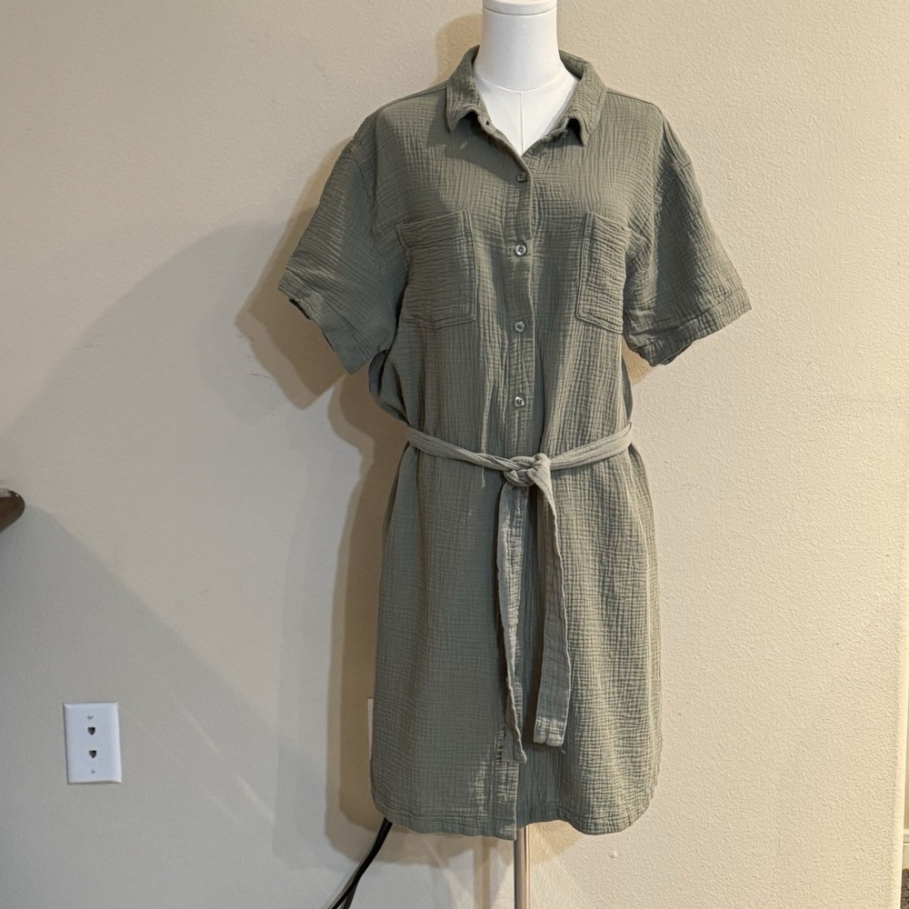 Double Gauze Cotton Shirt Dress Sage Green Belted Pockets Oversized XL